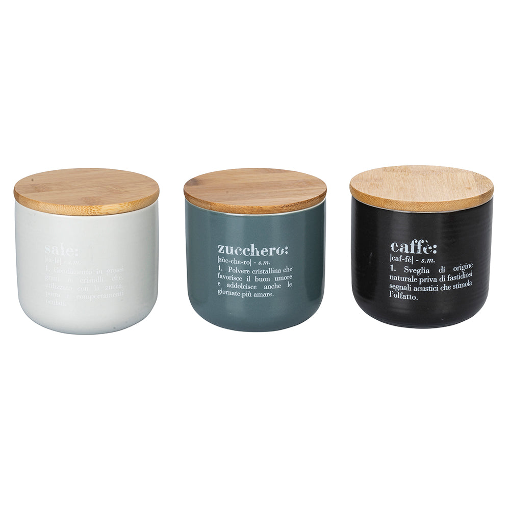 Set 3 barattoli sale, zucchero e caffè 500 ml, in new bone China, coperchio in bamboo, Victionary Stones