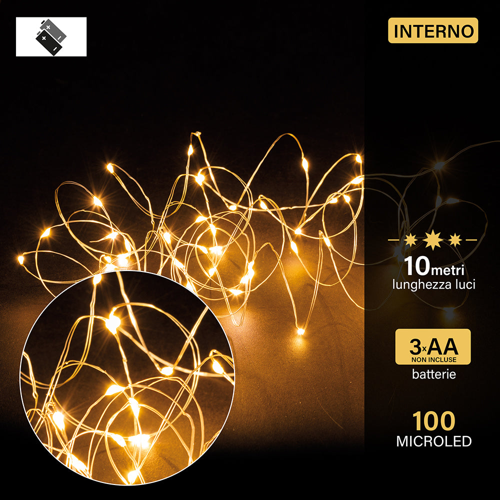 Filo 100 microled a batteria bianco caldo, usointerno 10 m 6W