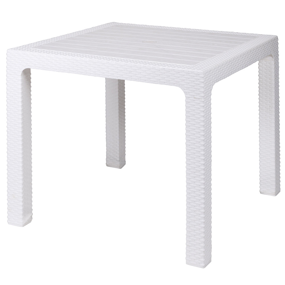 Tavolo quadrato 80x80 cm da esterno bar e ristoranti effetto rattan e piano effetto doghe con foro per ombrellone Esté