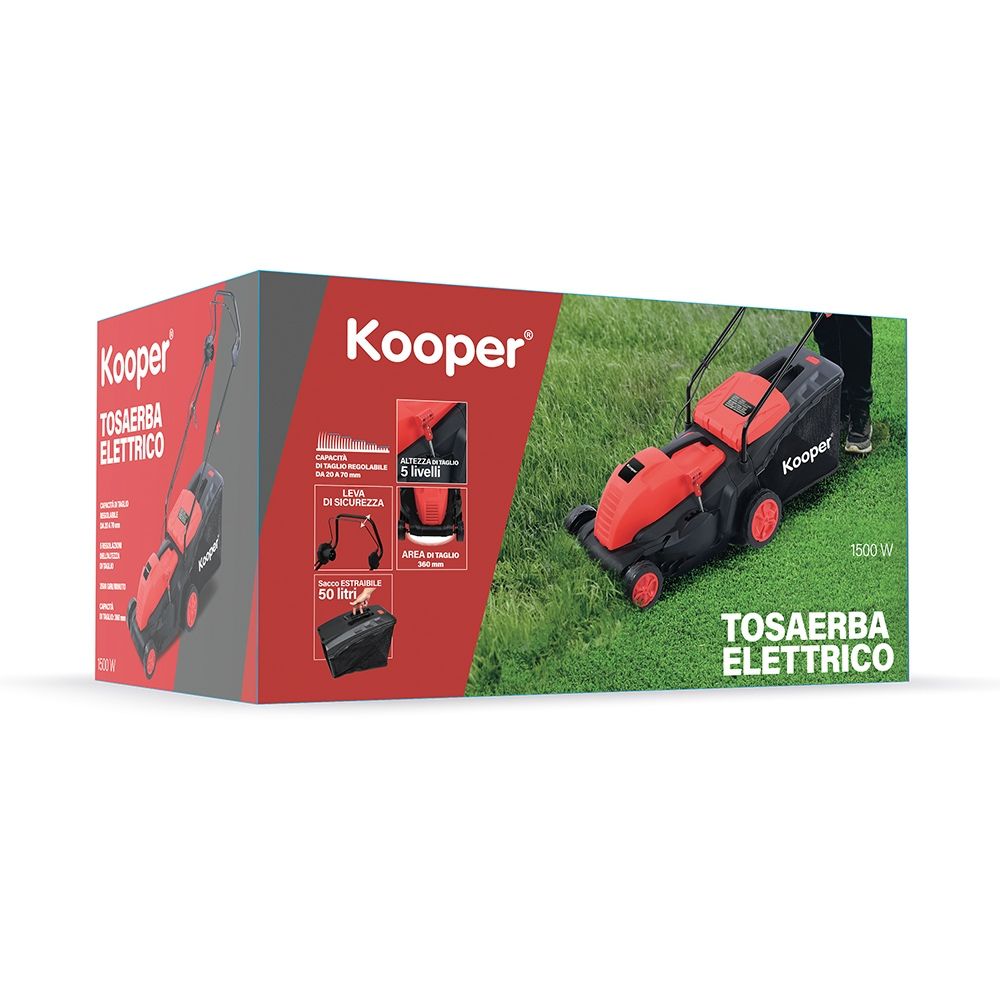 Tosaerba elettrico con modalità di taglio regolabile 1500 watt 50 litri kooper