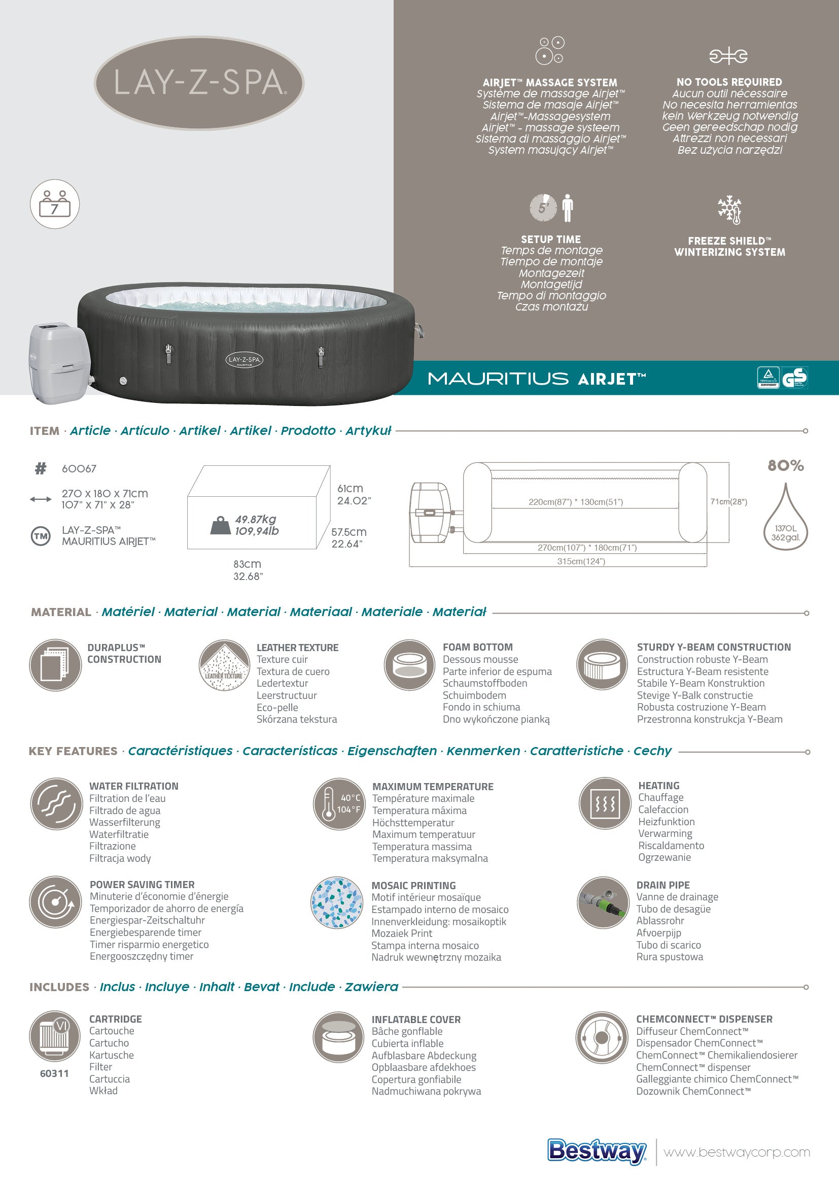 Idromassaggio gonfiabile ovale Lay-Z-Spa Mauritius AirJet 5-7 persone Be