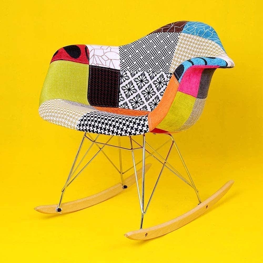 Sedia poltrona dondolo da interno salotto con struttura in acciaio gambe in legno e seduta rivestita in tessuto patchwork Swing Chair