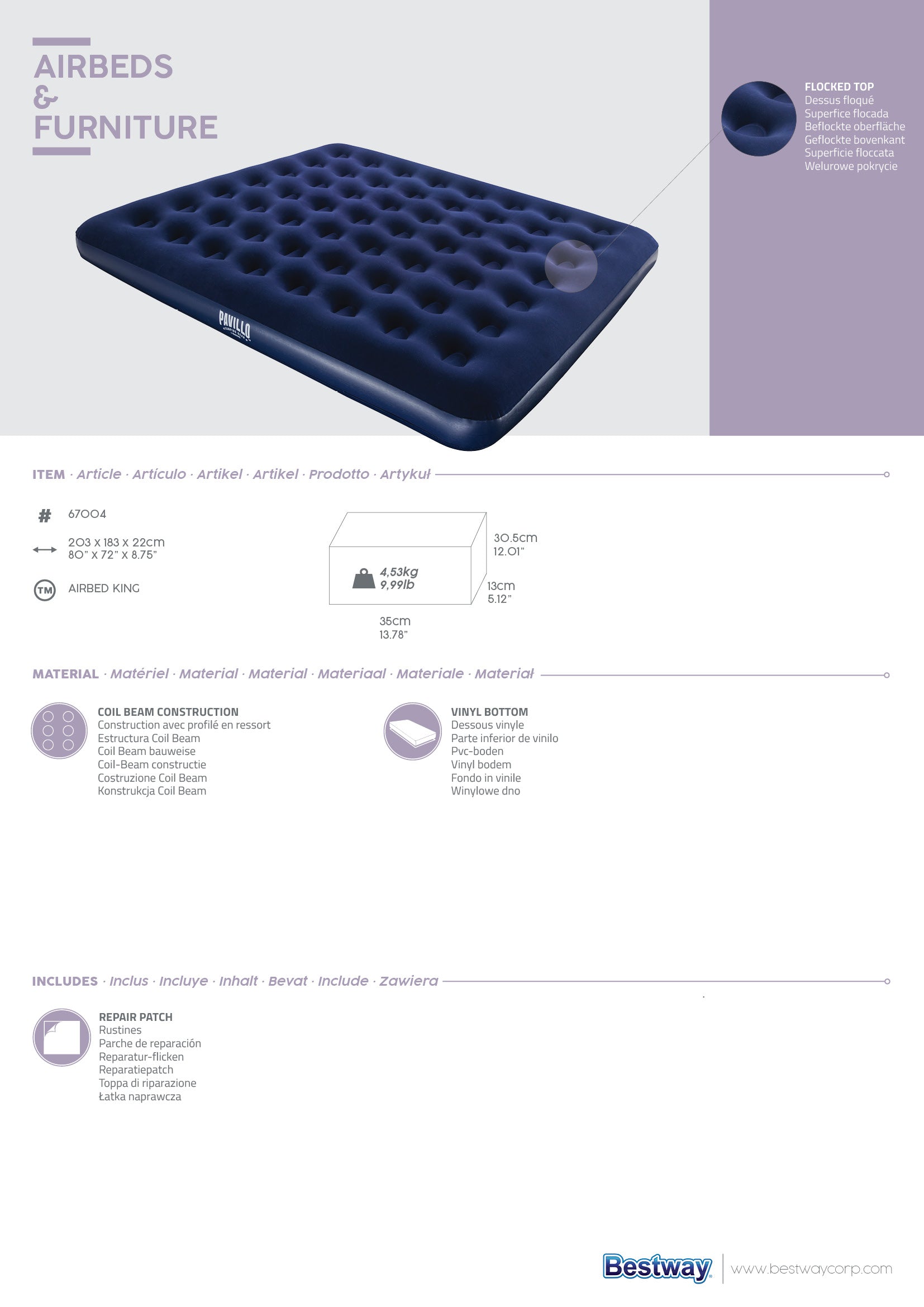 Airbed blu floccato materasso gonfiabile king Pavillo BestWay 67004