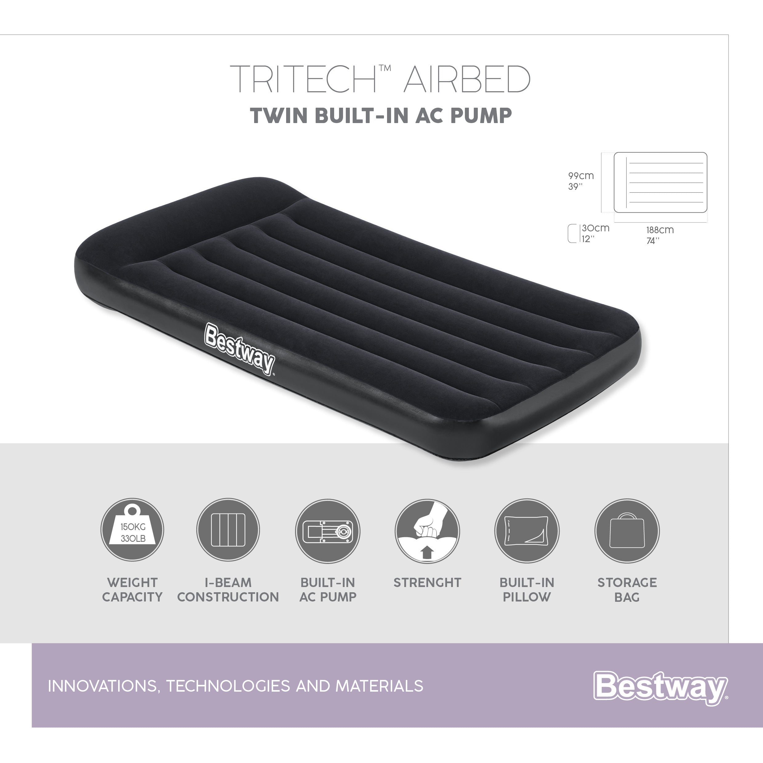 Materasso airbed gonfiabile singolo con pompa elettrica Integrata Bestway 67556