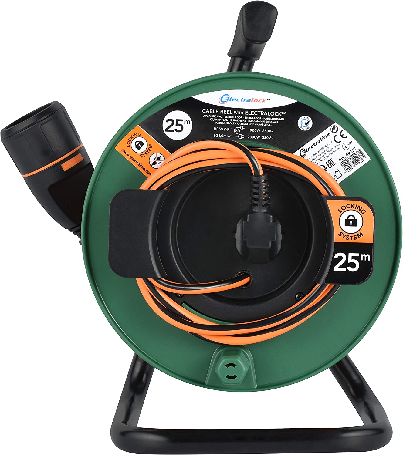 Avvolgicavo prolunga da giardino 25 Mt con sistema di blocco presa 3500W max. ELECTRALOCK 49237