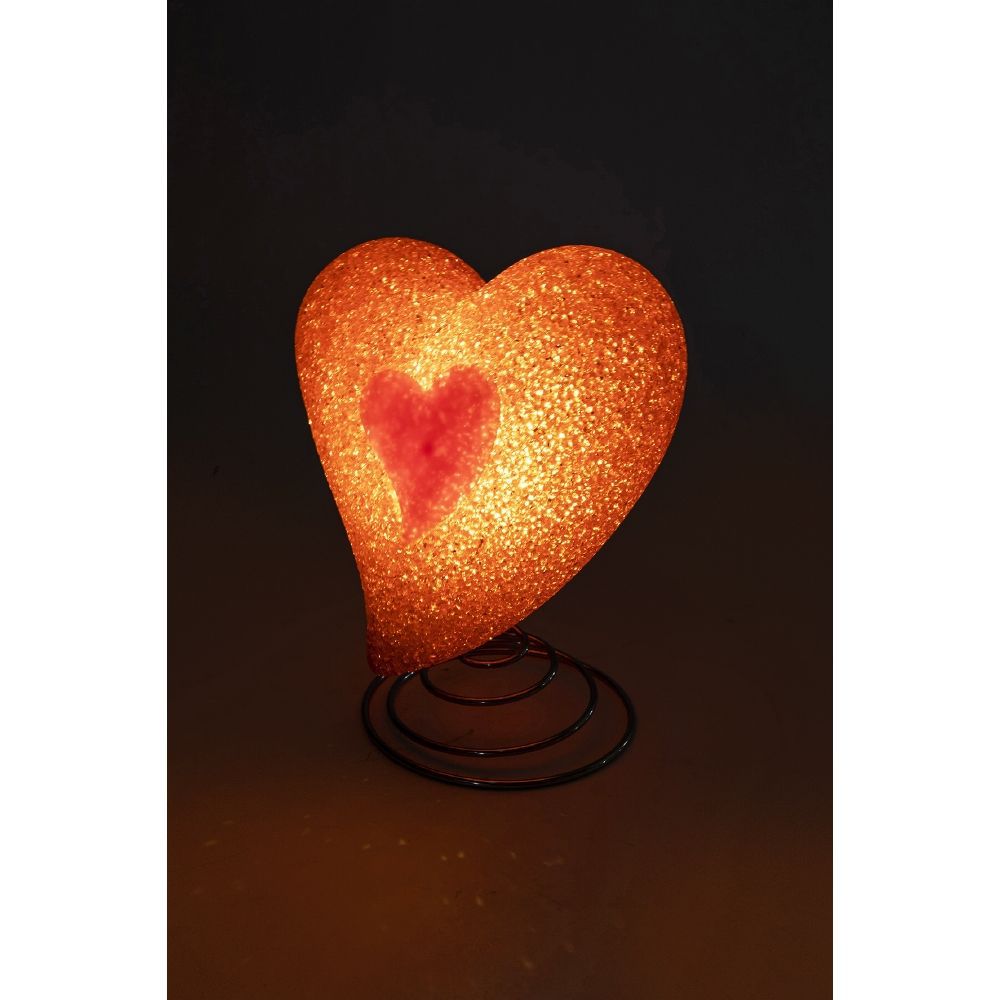 Lampada glitterata decorativa da interno a forma di cuore rosso con base in metallo e luce led Cuore