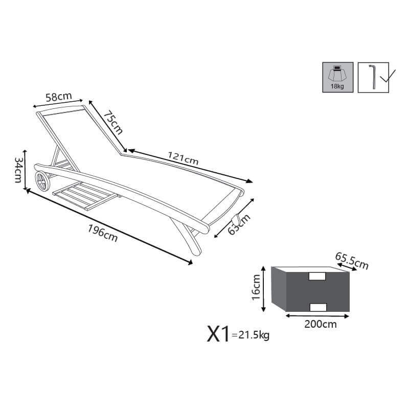 Lettino prendisole in legno e textilene con ruote schienale regolabile T