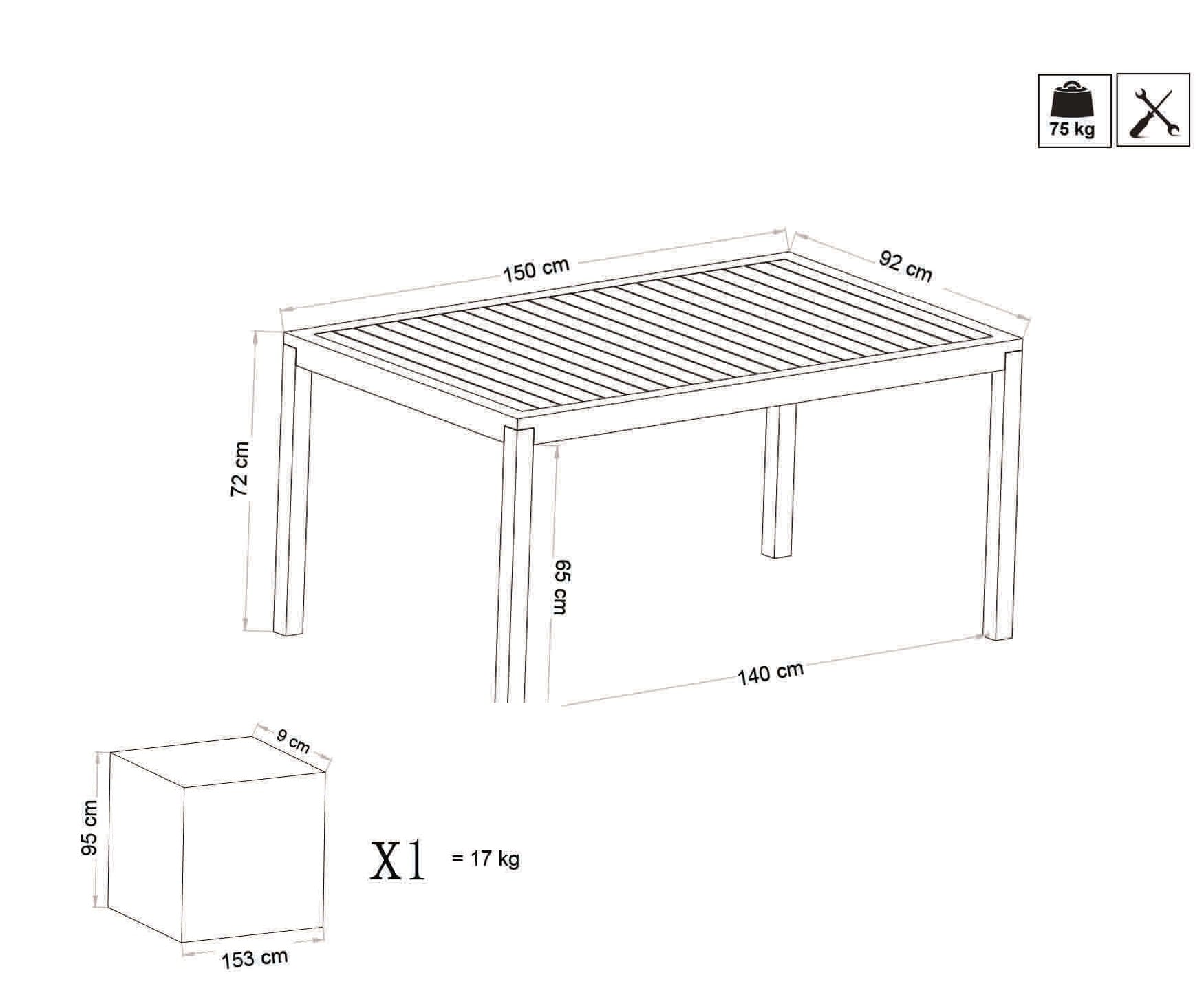 Tavolo rettangolare 150x90 cm da giardino con struttura in alluminio e piano effetto doghe orizzontali Calabria