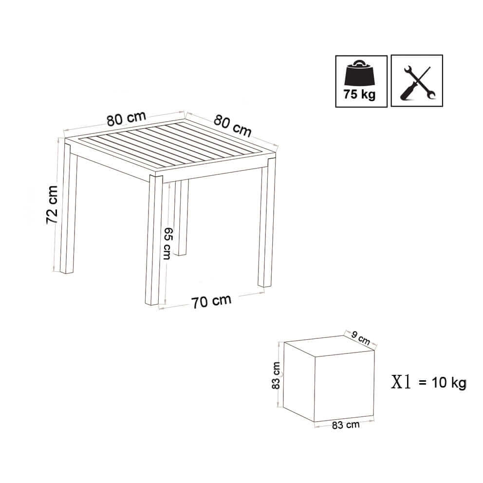 Tavolo quadrato in alluminio per esterno 80x80 cm ERACLE