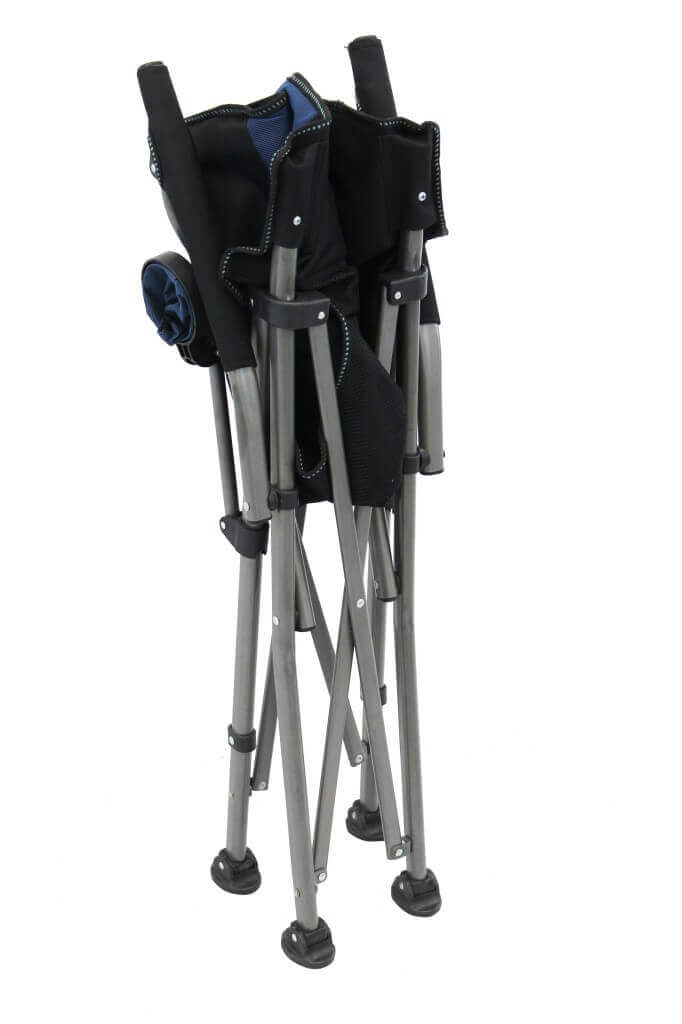 Sedia poltrona chiudibile da campeggio in acciaio con braccioli e porta