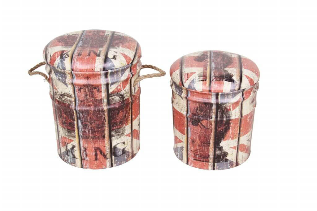 Set Di 2 Pouf Contenitore Tondo Panna E Rosso