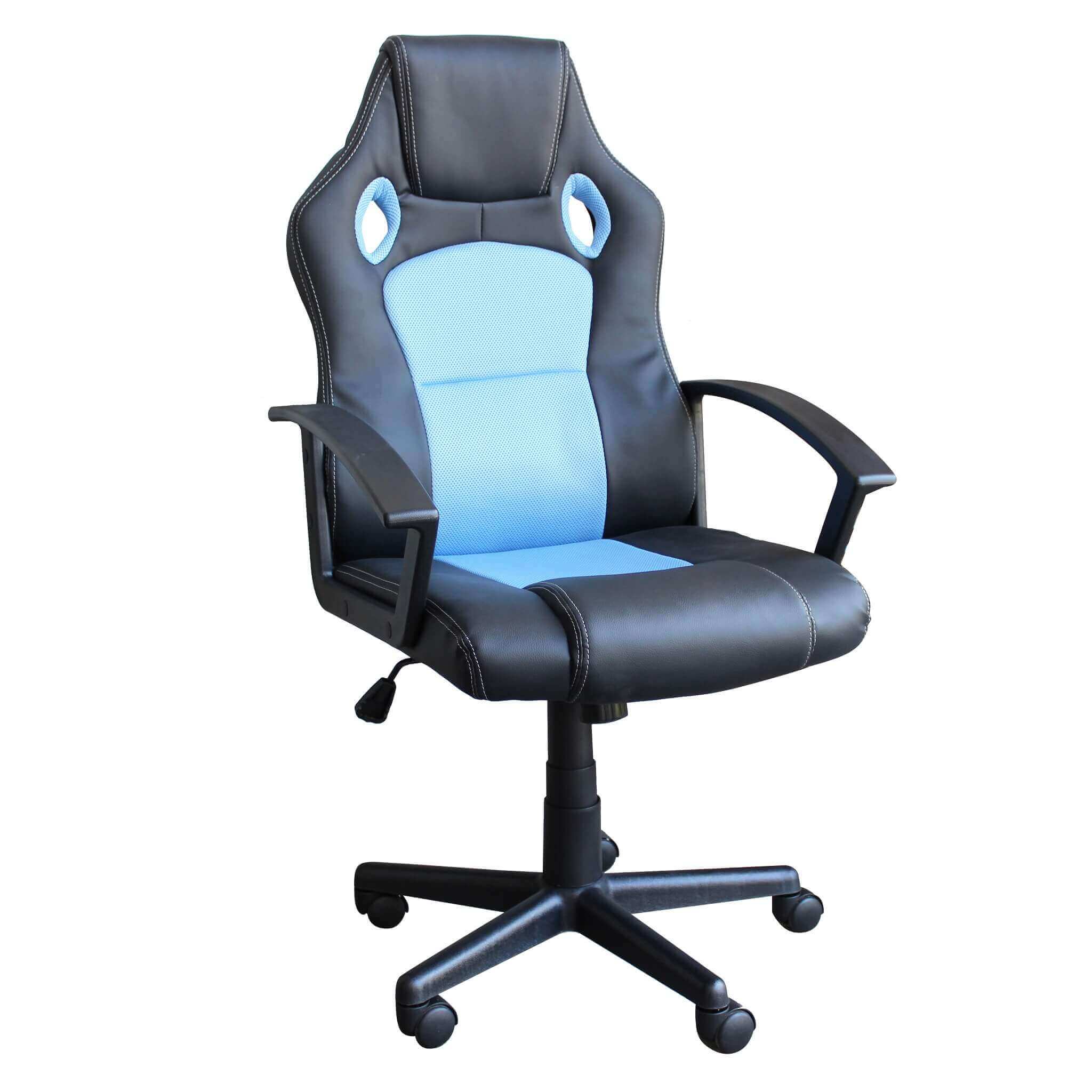 Poltrona da ufficio e gaming ergonomica in pelle nera e tessuto azzurro