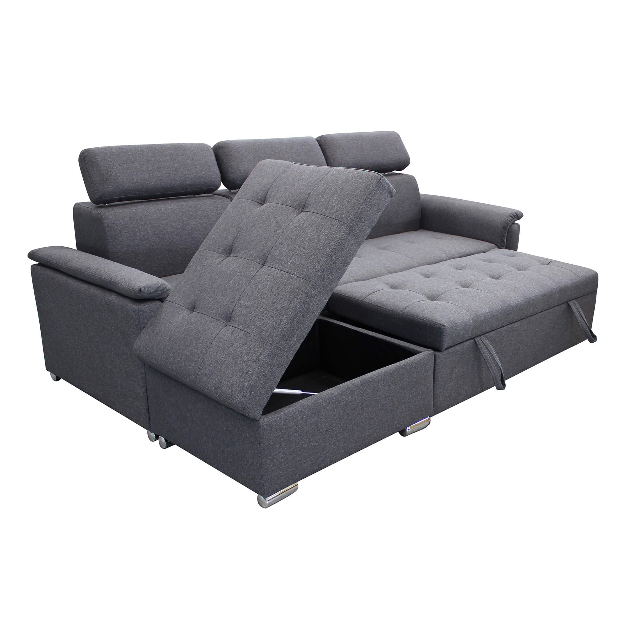 Divano letto con penisola a contenitore e poggiatesta regolabili tessuto