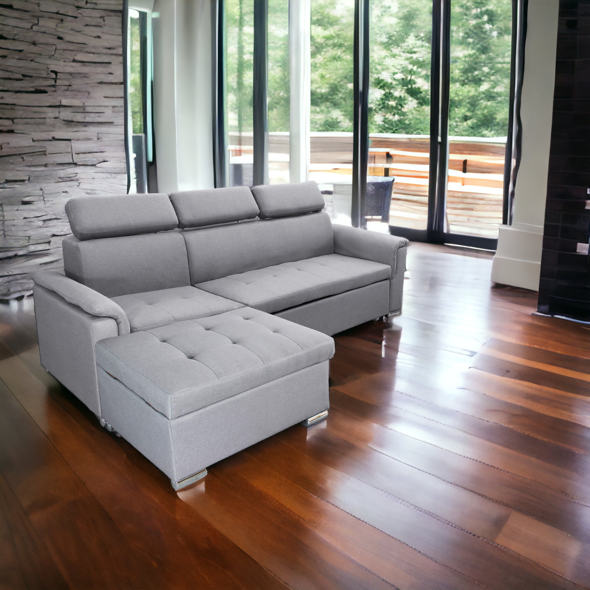 Divano letto con penisola a contenitore e poggiatesta regolabili tessuto grigio Boston