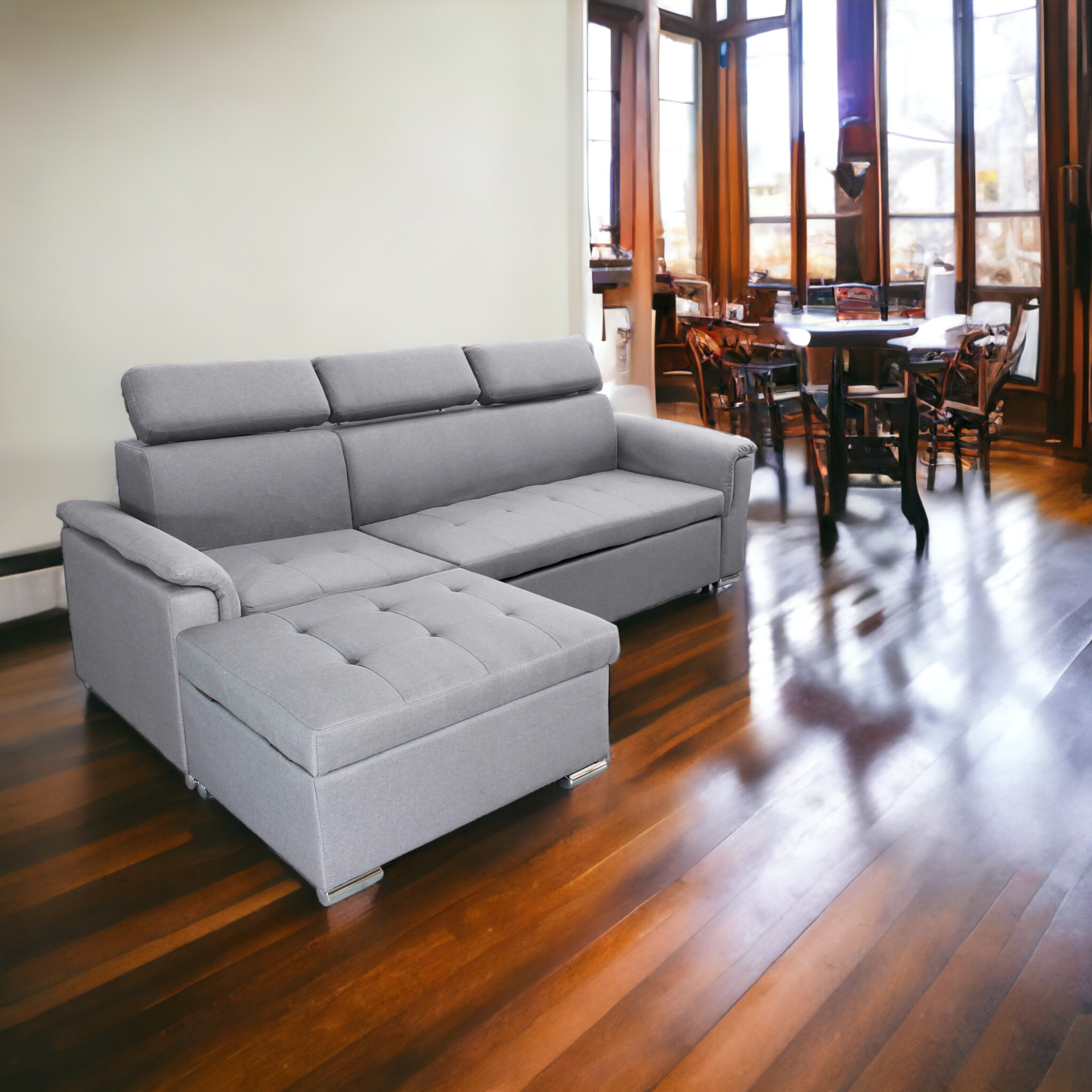 Divano letto con penisola a contenitore e poggiatesta regolabili tessuto grigio Boston