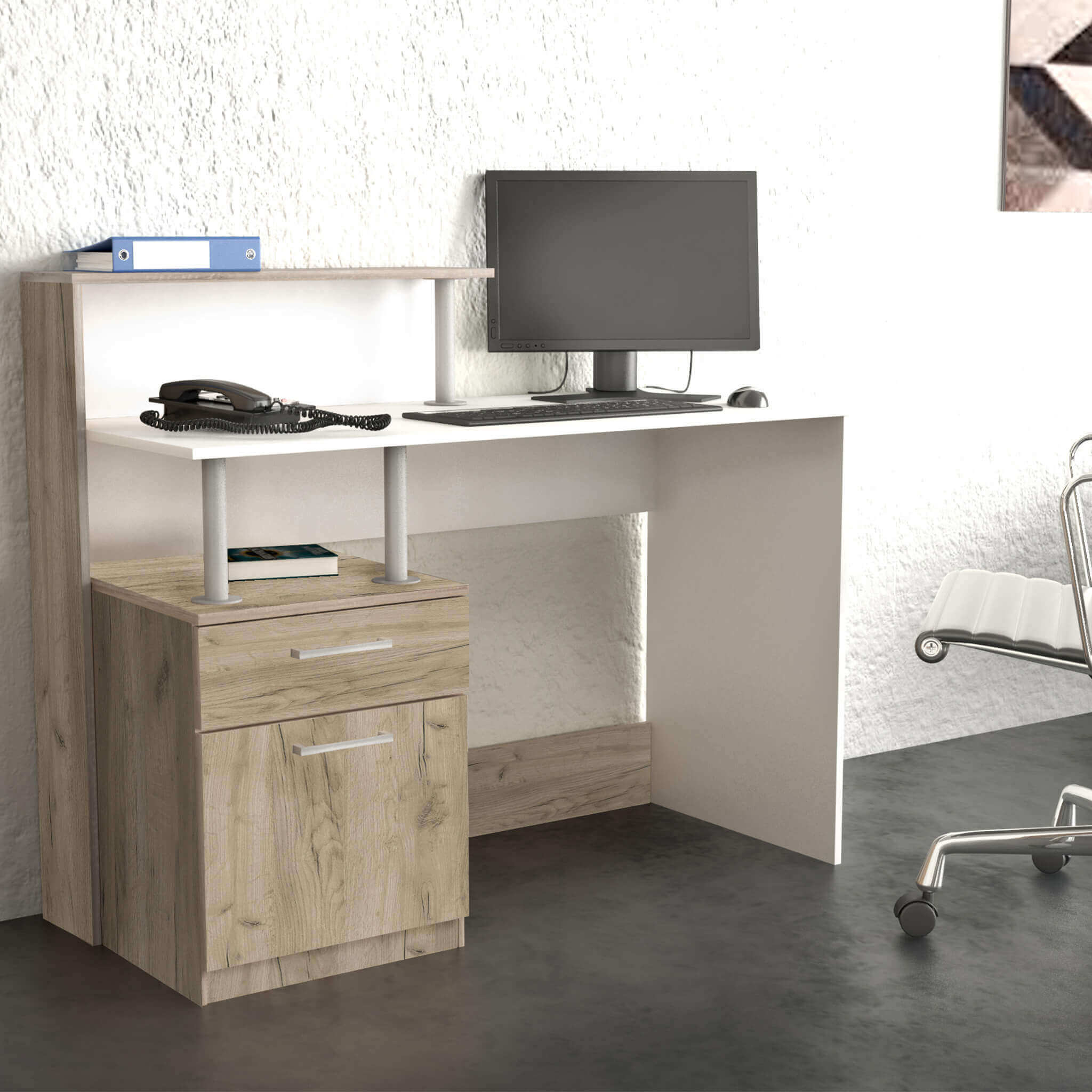 Scrivania da interno studio camera da letto con 2 cassetti e doppio ripiano in legno nobilitato bilaminato Double Desk