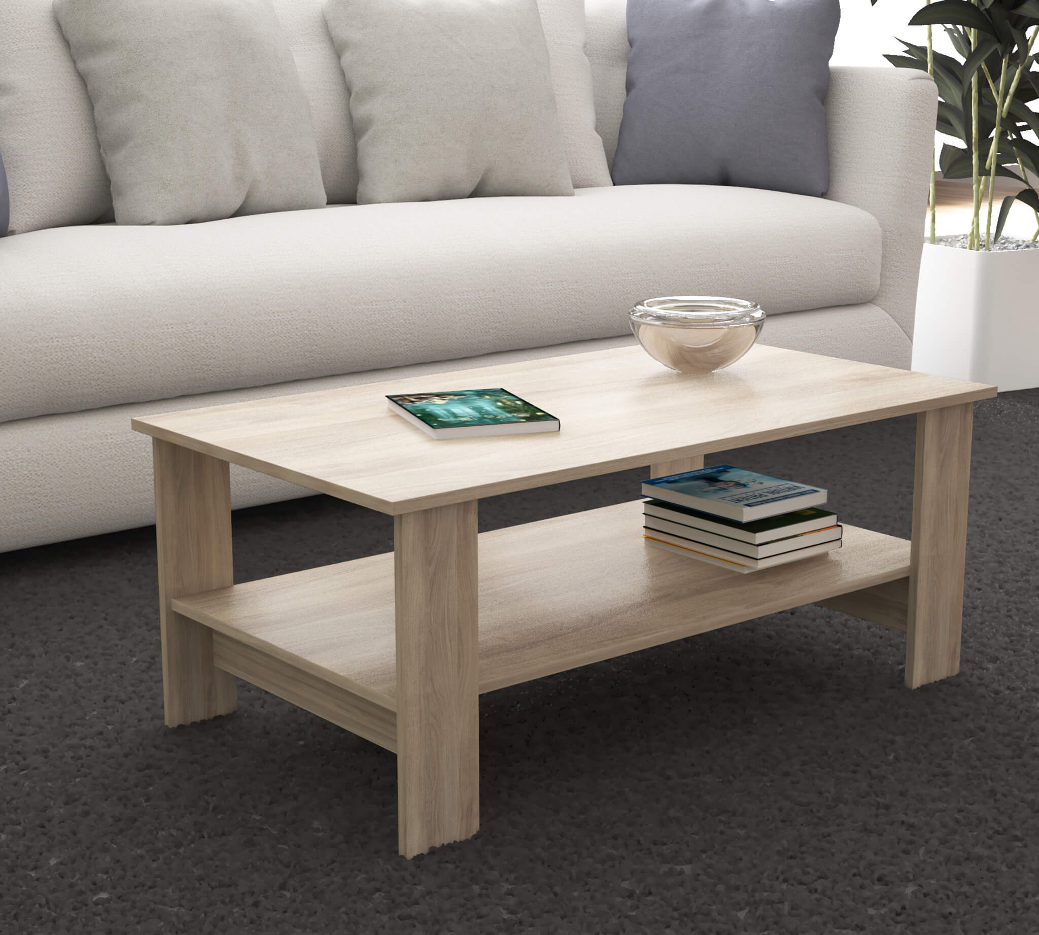 Tavolino basso da interno salotto in legno nobilitato bilaminato con 2 ripiani porta oggetti Mike