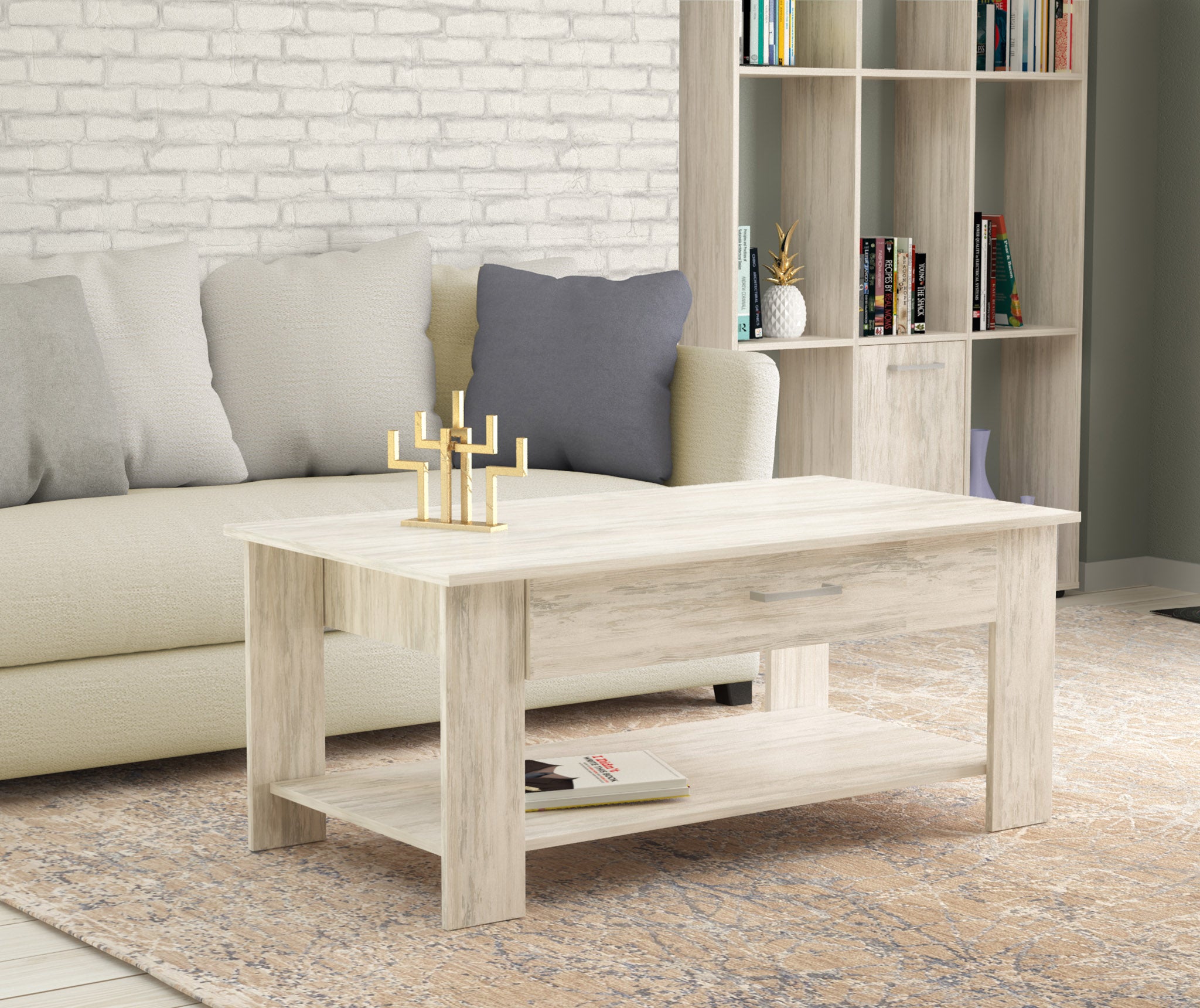 Tavolino basso da salotto in legno truciolare con 2 ripiani e 1 cassetto porta oggetti MAGIC