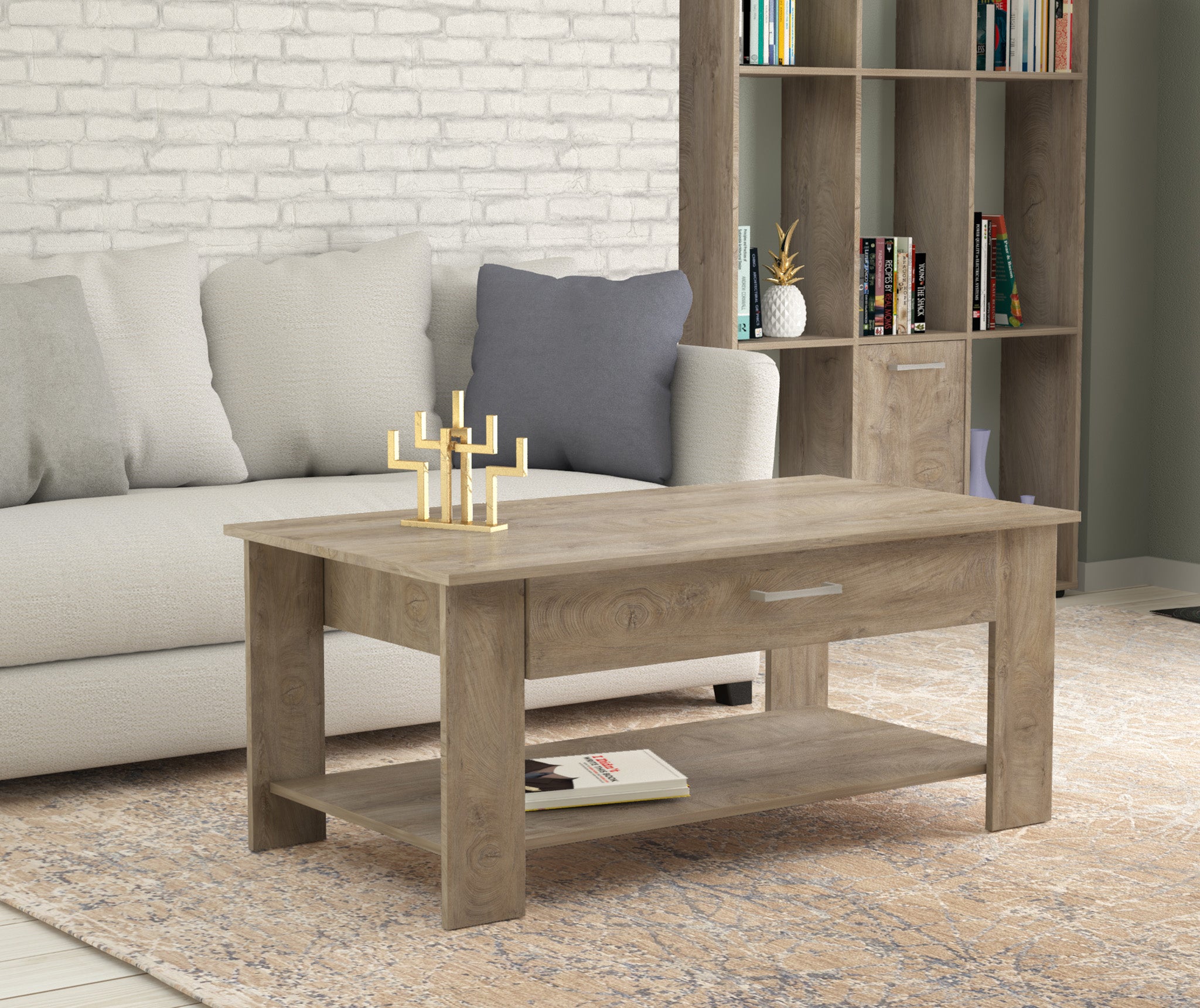 Tavolino basso da salotto in legno truciolare con 2 ripiani e 1 cassetto porta oggetti MAGIC