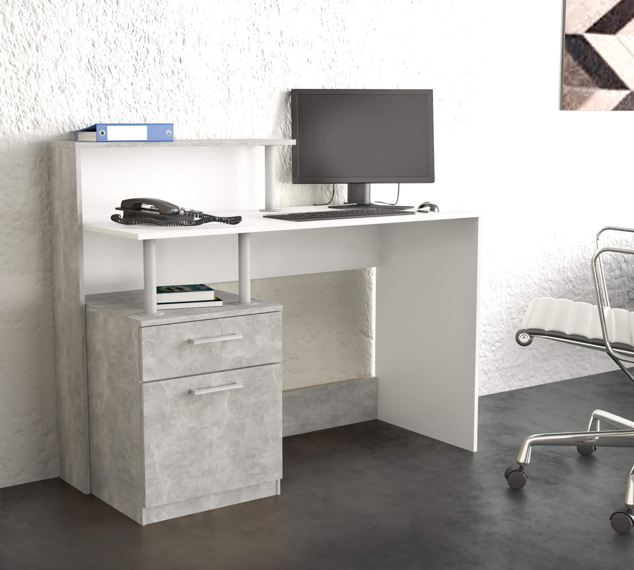 Scrivania Nasdaq Bianco E Grigio Effetto Cemento
