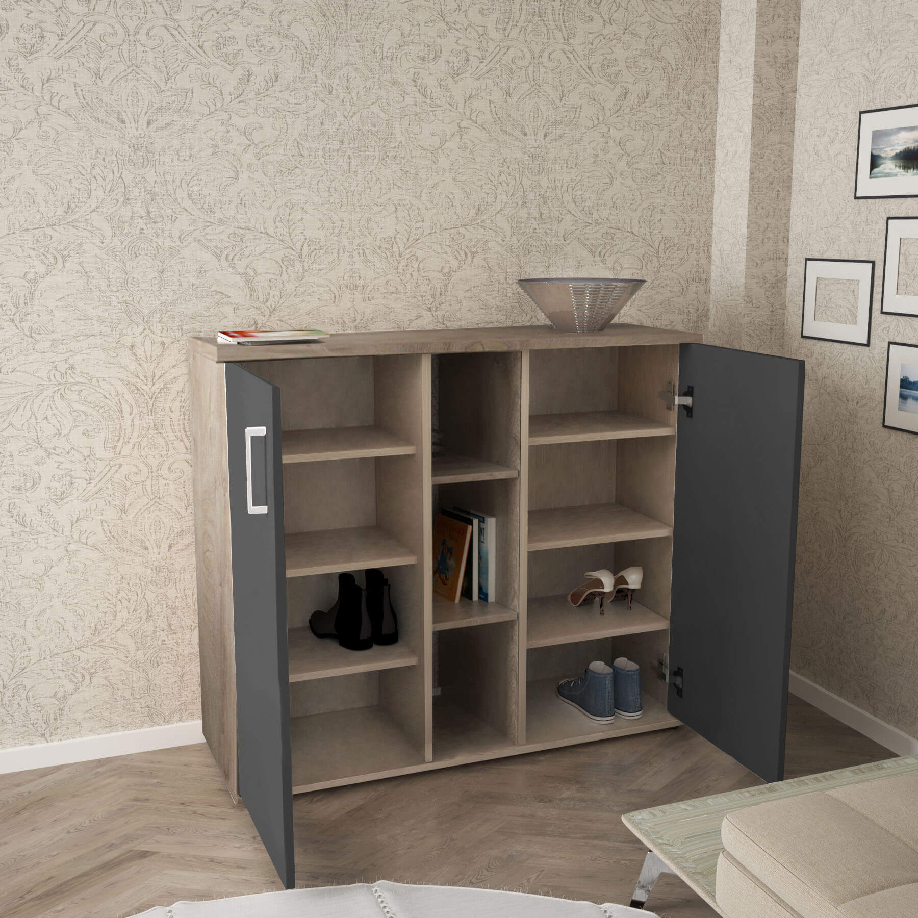 Mobiletto credenza da interno ingresso salotto in legno con 2 ante e 12 ripiani Linea Classic