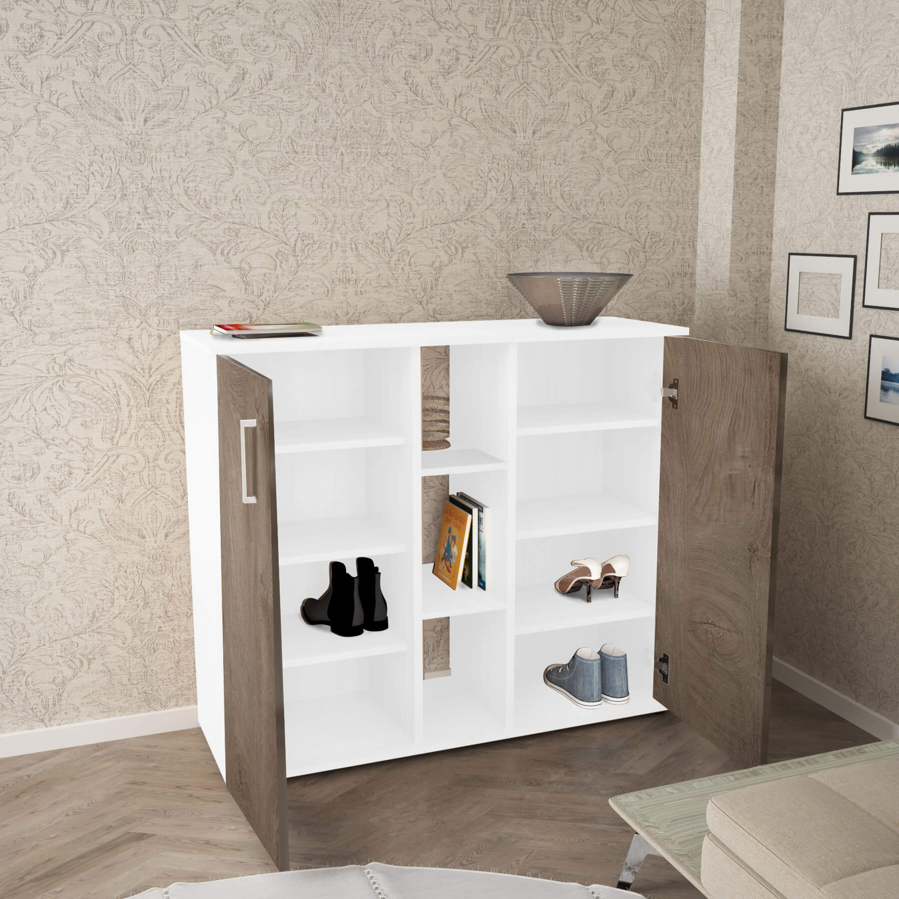 Mobiletto credenza da interno ingresso salotto in legno con 2 ante e 12 ripiani Linea Classic