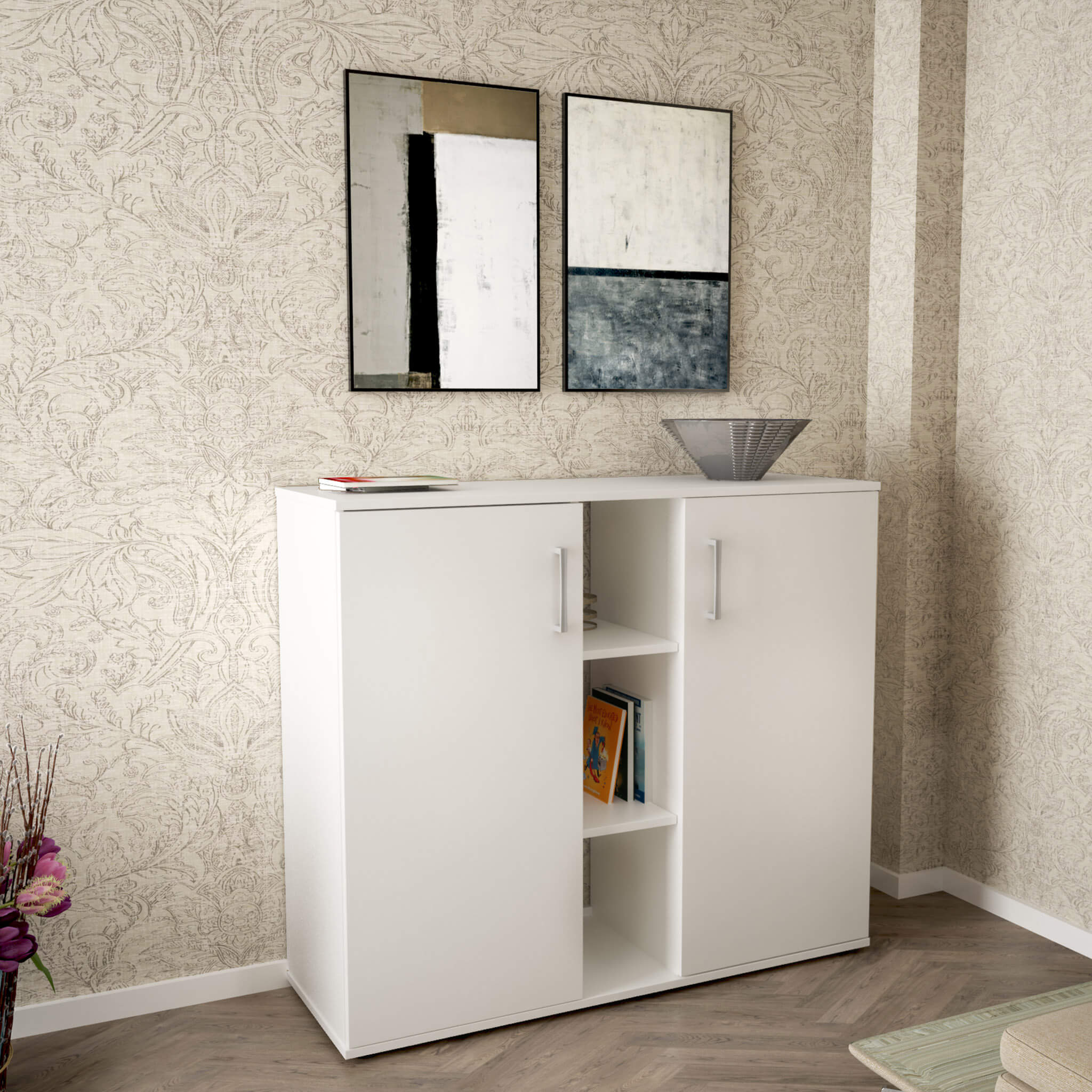 Mobiletto credenza da interno ingresso salotto in legno con 2 ante e 12 ripiani Linea Classic