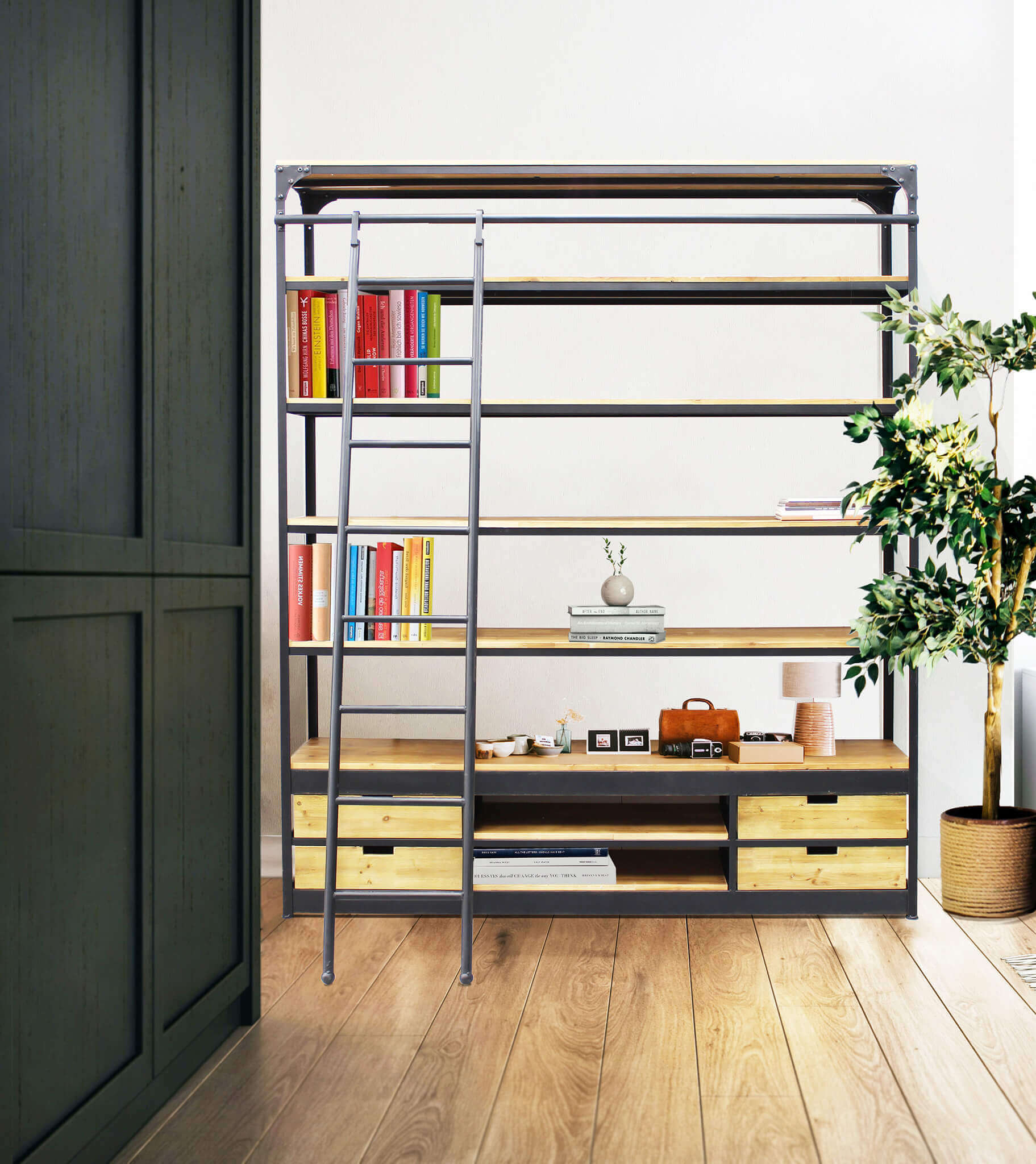 Libreria a 6 ripiani con 4 cassetti il acciaio e legno Linea Classic