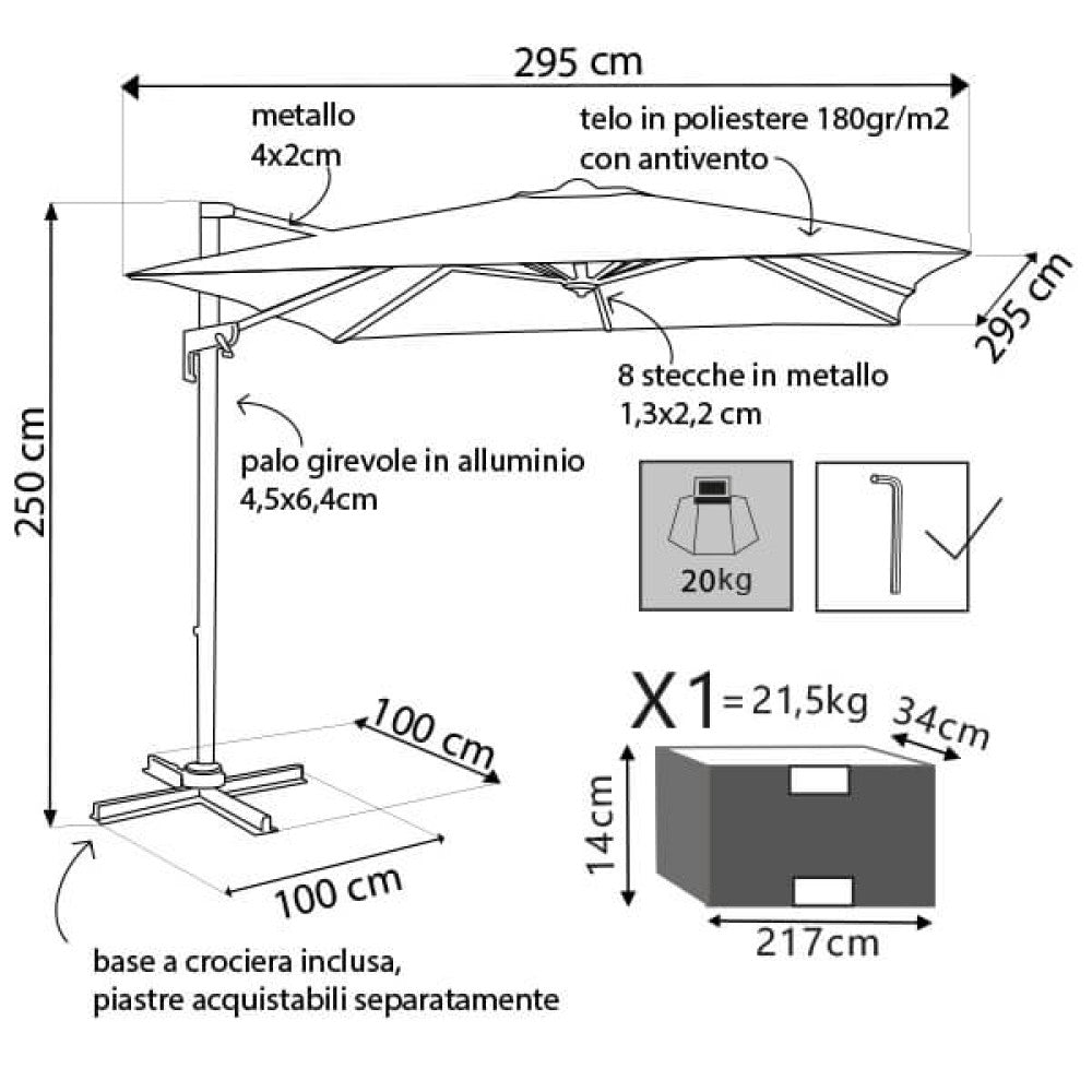 Ombrellone da giardino 3x3 mt con telo in poliestere e palo laterale in alluminio Ercules