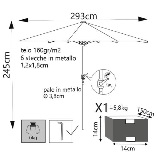 Ombrellone Ø3 mt con palo centrale e chiusura a carrucola Frigidus