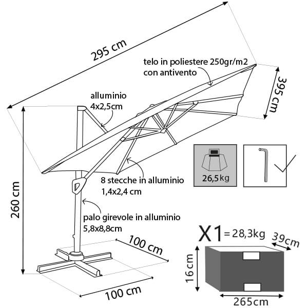 Ombrellone 3x4 mt da esterno con palo laterale Indus