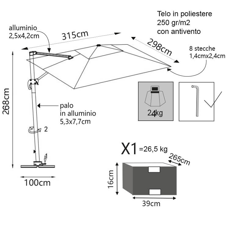 Ombrellone 3x4 mt con led e palo centrale Cygnus