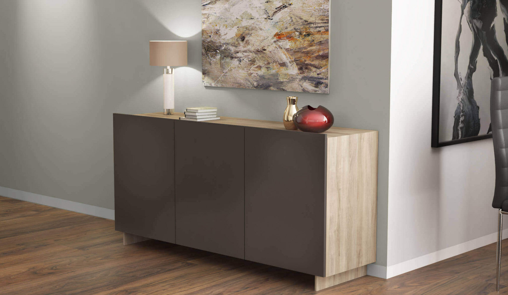 Credenza mobiletto da soggiorno a 3 ante in legno nobilitato bilaminato Charlotte