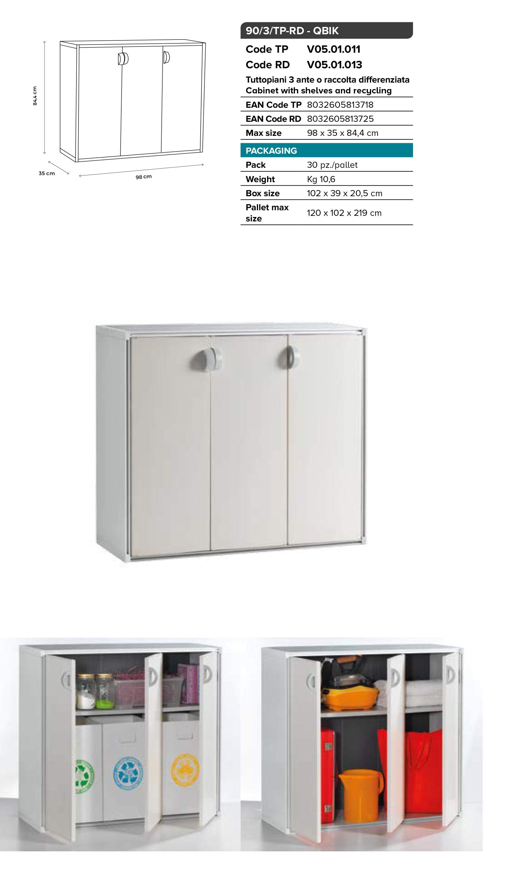 Armadio basso per pattumiera in resina raccolta differenziata Qbik 3 ante