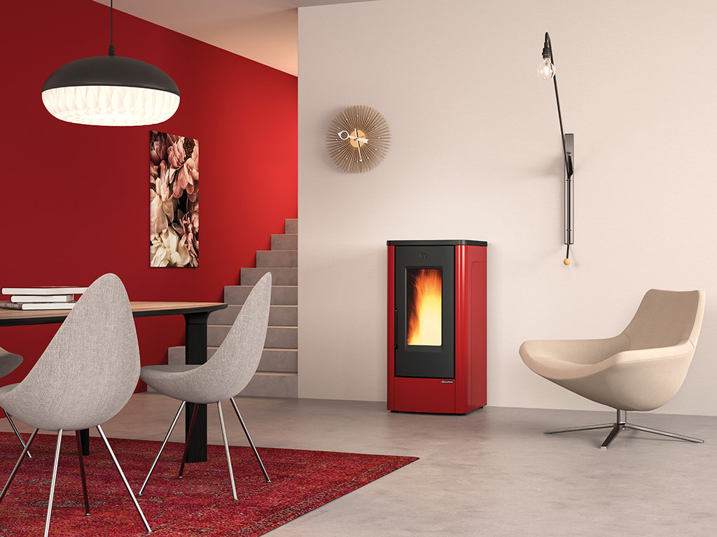 Stufa a pellet con struttura in acciaio e top in ghisa 10 kw Dahiana Plus Bordeaux VFS Nordica Extraflame