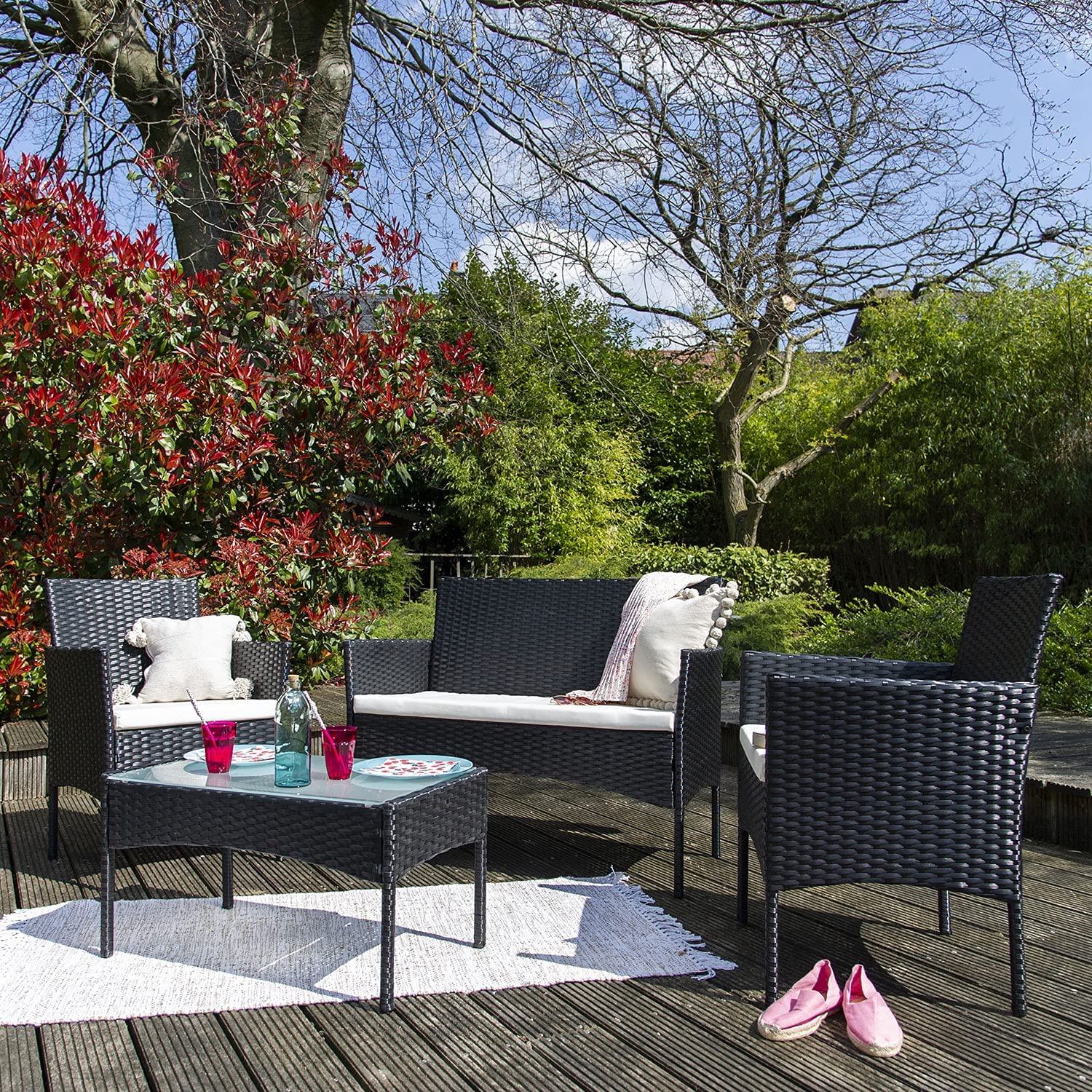 Salotto set da esterno 4 posti con poltrone divano e tavolino effetto Rattan Panama