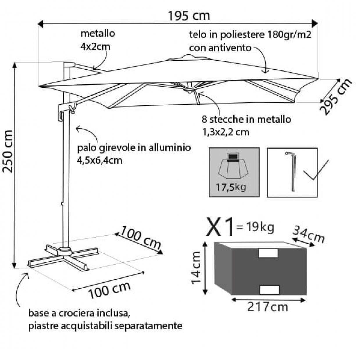 Ombrellone da giardino 2x3 mt con palo laterale orientabile Apodis