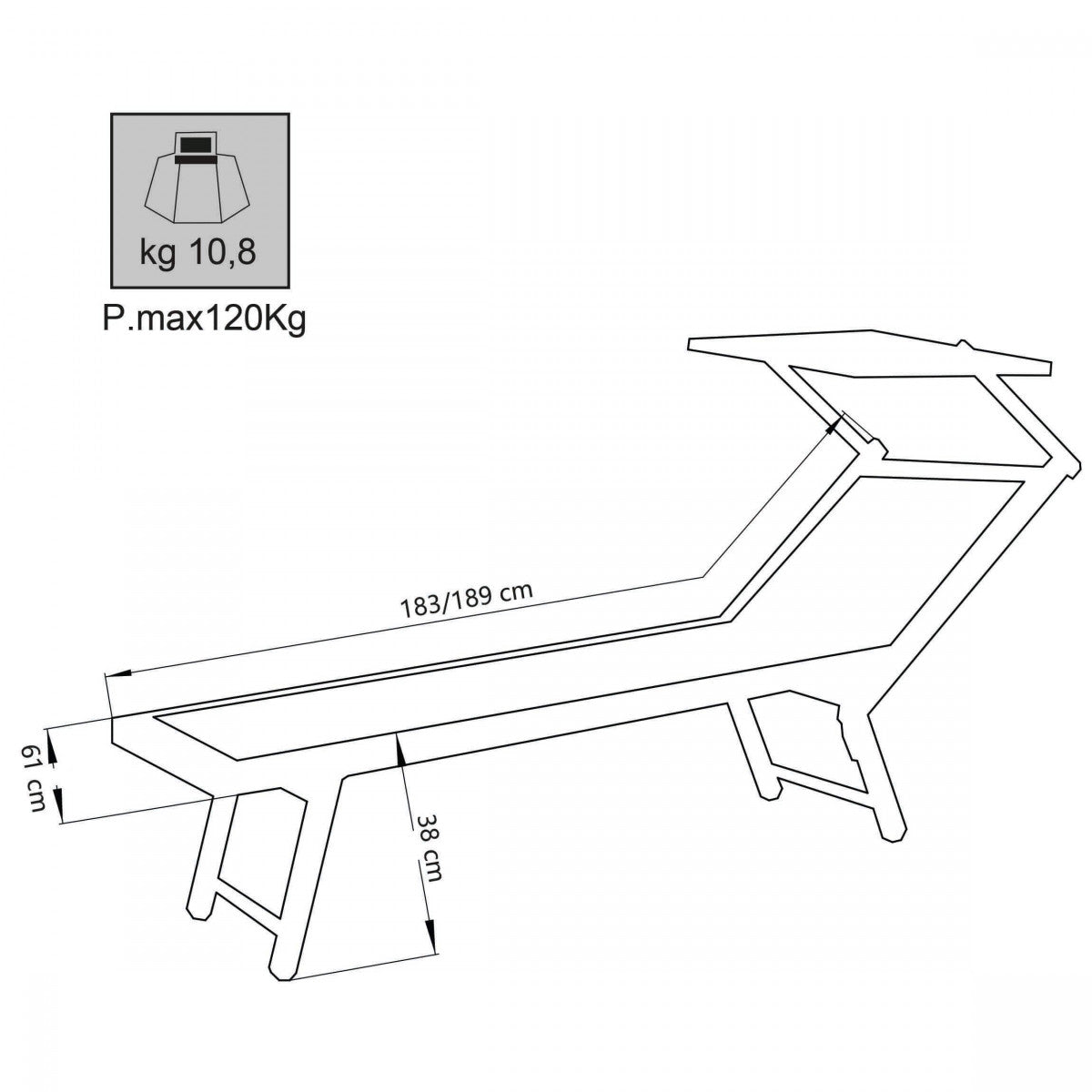 Lettino sdraio da giardino in acciaio con tettuccio e schienale regolabi