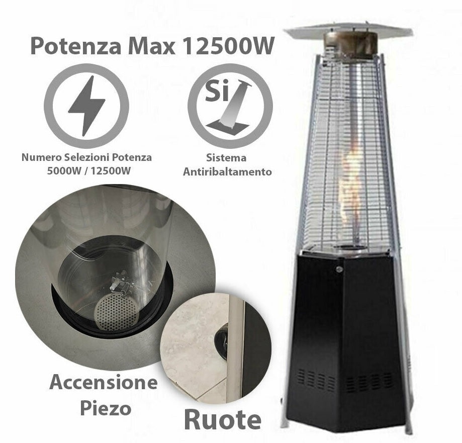 Termopatio stufa piramide esagonale a gas da esterno con ruote Totem Hexagonal Niklas