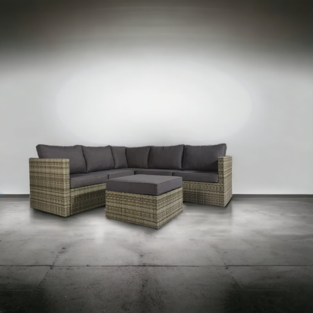 Salotto da giardino divano 5 posti e tavolino pouf con piano in vetro Lounge