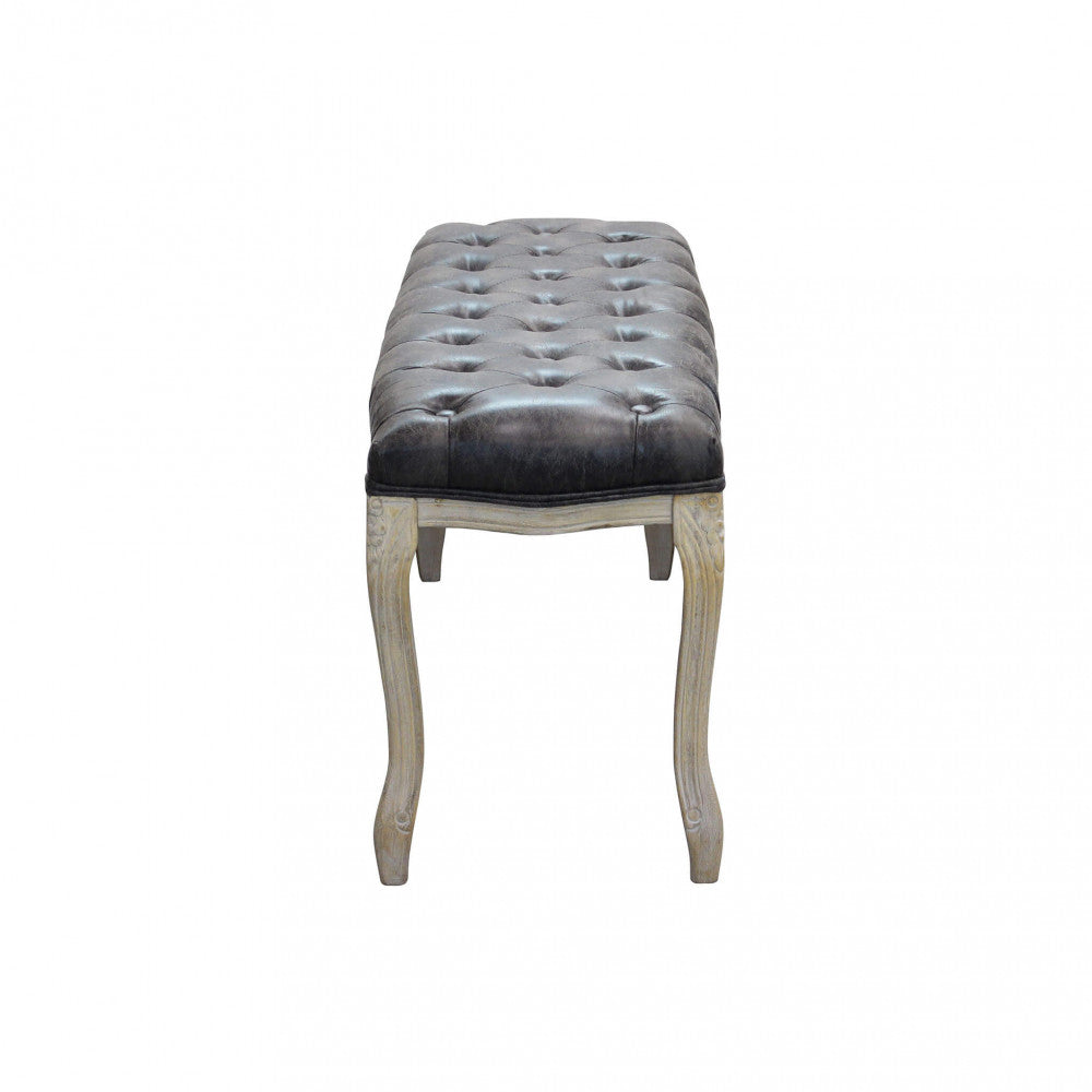 Panca da interno soggiorno con struttura in legno sbiancato e e seduta in ecopelle grigio effetto vintage Tommy